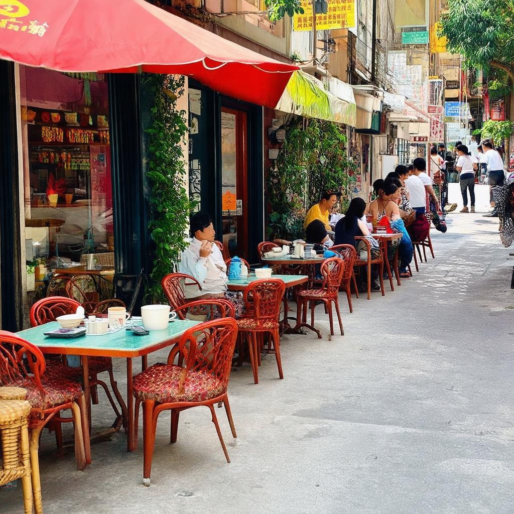 Không gian ngoài trời thoáng đãng, bàn ghế sắp xếp thoải mái tại Quán Hội Ngộ An Nhơn Bình Định.